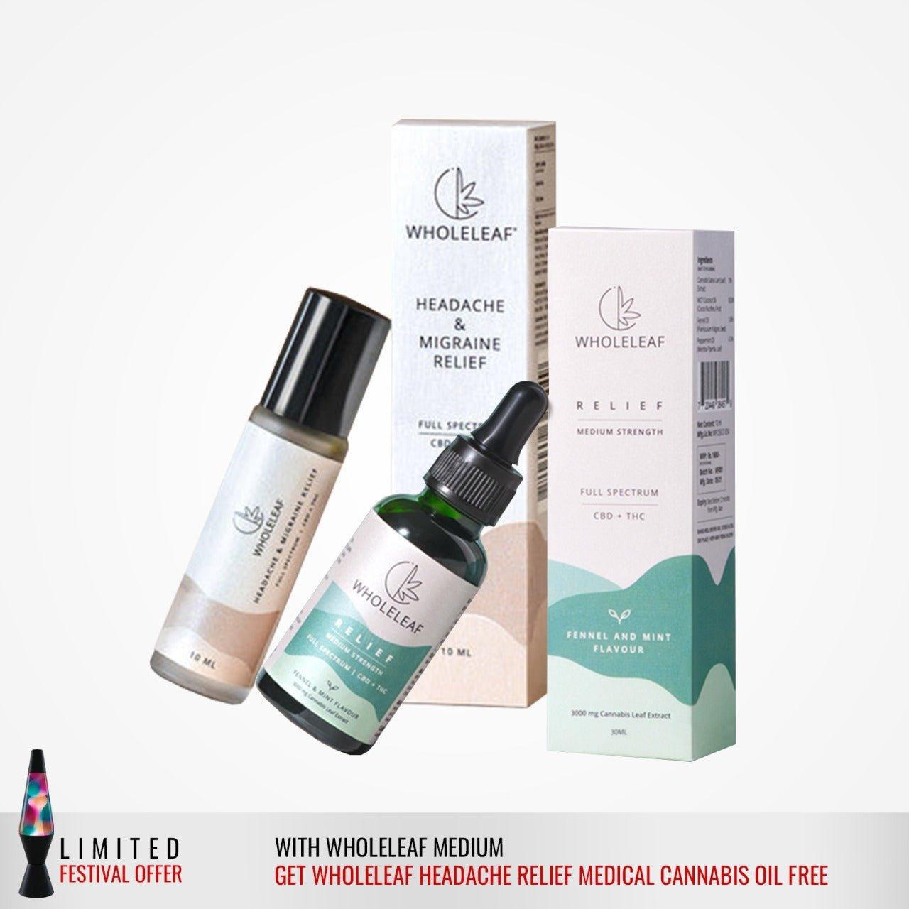 Free Wholeleaf Headache & Migraine Relief Oil with Wholeleaf Relief Medium Strength CBD + THC Oil Cannabis extract.
