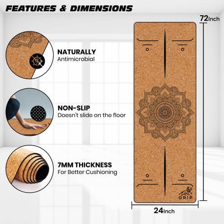 Grip Cork 24 Inches X 72 Inches, 7MM Thickness, Mandala Design Yoga Mats For Men & Women With Carry Strap & Bag. - CBD Store India