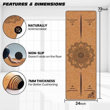Grip Cork 24 Inches X 72 Inches, 7MM Thickness, Mandala Design Yoga Mats For Men & Women With Carry Strap & Bag..