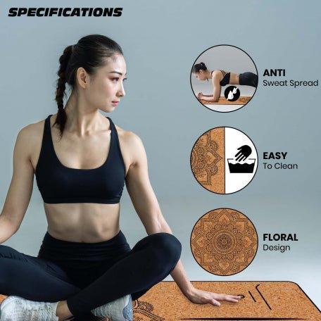 Grip Cork 24 Inches X 72 Inches, 7MM Thickness, Mandala Design Yoga Mats For Men & Women With Carry Strap & Bag..