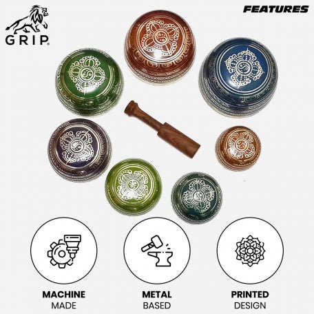 Grip Singing/Meditation Bowl With Stick And Cushion Ring Bowl | Machinemade | Set Of 7 - CBD Store India