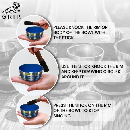 Grip Singing/Meditation Bowl With Stick And Cushion Ring Bowl | Machinemade | Set Of 7 - CBD Store India