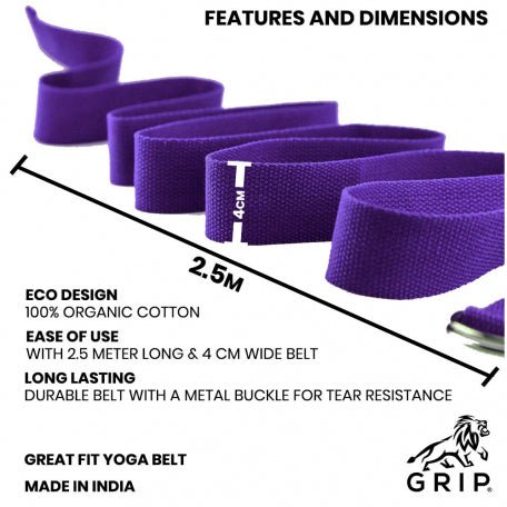 Grip Yoga Belt For Stretching, Yoga, Pilates, Gym, Physical Fitness To Gain Flexibility & Achieve Difficult Poses | 2.5 Meter Premium Cotton | Eco Friendly | Easy To Use | Durable | Purple Color - CBD Store India