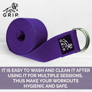 Grip Yoga Belt For Stretching, Yoga, Pilates, Gym, Physical Fitness To Gain Flexibility & Achieve Difficult Poses | 2.5 Meter Premium Cotton | Eco Friendly | Easy To Use | Durable | Purple Color - CBD Store India