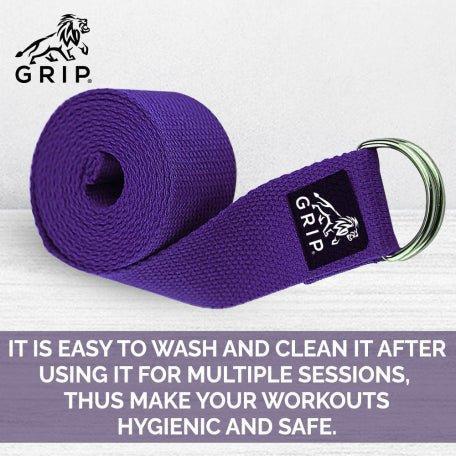 Grip Yoga Belt For Stretching, Yoga, Pilates, Gym, Physical Fitness To Gain Flexibility & Achieve Difficult Poses | 2.5 Meter Premium Cotton | Eco Friendly | Easy To Use | Durable | Purple Color.