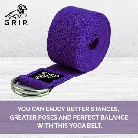 Grip Yoga Belt For Stretching, Yoga, Pilates, Gym, Physical Fitness To Gain Flexibility & Achieve Difficult Poses | 2.5 Meter Premium Cotton | Eco Friendly | Easy To Use | Durable | Purple Color.