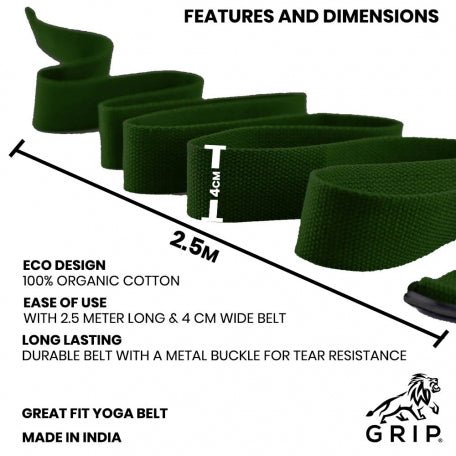 Grip Yoga Belt For Stretching, Yoga, Pilates, Gym, Physical Fitness To Gain Flexibility & Achieve Difficult Poses | 2.5 Meter Premium Cotton | Eco Friendly | Easy To Use | Durable | Green Color - CBD Store India
