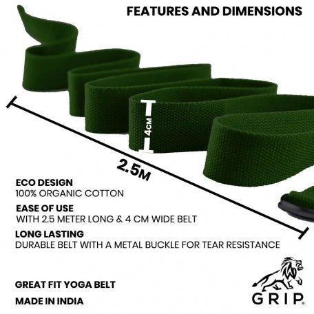 Grip Yoga Belt For Stretching, Yoga, Pilates, Gym, Physical Fitness To Gain Flexibility & Achieve Difficult Poses | 2.5 Meter Premium Cotton | Eco Friendly | Easy To Use | Durable | Green Color.