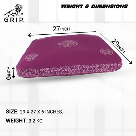 Grip Zabuton Meditation Cushion Seat For Best Kneeling And Sitting Support While Meditating Or Practicing Yoga – Large Rectangular Floor Pillow With 100% Natural Cotton | Purple Color - CBD Store India