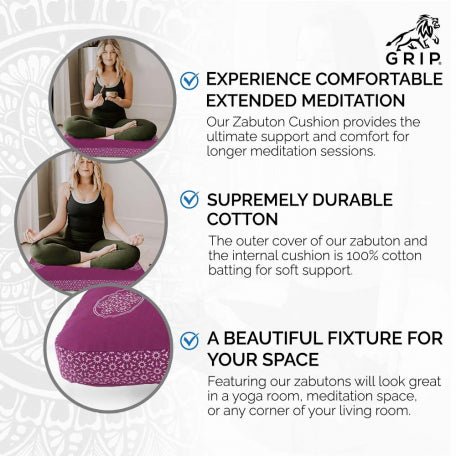 Grip Zabuton Meditation Cushion Seat For Best Kneeling And Sitting Support While Meditating Or Practicing Yoga – Large Rectangular Floor Pillow With 100% Natural Cotton | Purple Color - CBD Store India