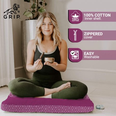 Grip Zabuton Meditation Cushion Seat For Best Kneeling And Sitting Support While Meditating Or Practicing Yoga – Large Rectangular Floor Pillow With 100% Natural Cotton | Purple Color - CBD Store India