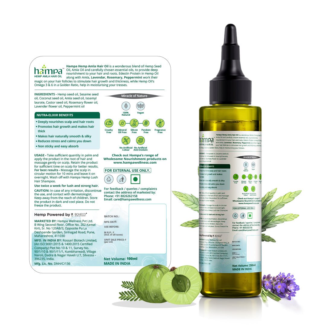 Hampa Wellness - Hemp Amla Hair Oil 100ml + Hemp Lush Hair Shampoo 200ml Combo - CBD Store India