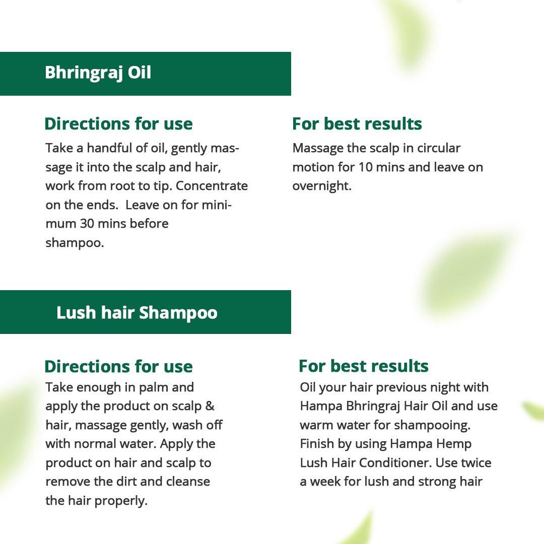 Hampa Wellness - Hemp Bhringraj Hair Oil 100ml And Hampa Hemp Lush Hair Shampoo 200mlHemp hair careHampa Hemp Bhringraj Oil & Lush Shampoo - Hemp Hair Care