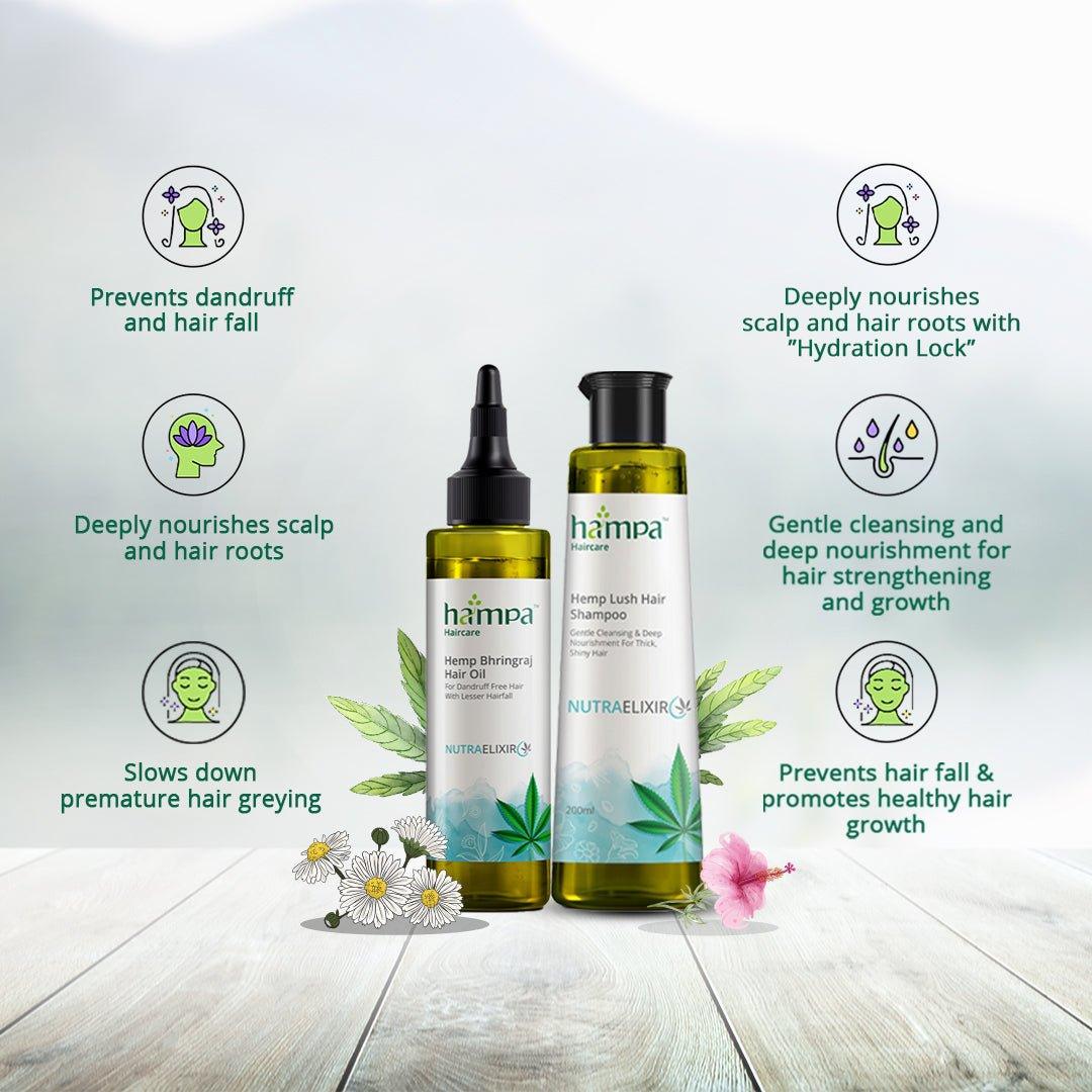 Hampa Wellness - Hemp Bhringraj Hair Oil 100ml And Hampa Hemp Lush Hair Shampoo 200mlHemp hair careHampa Hemp Bhringraj Oil & Lush Shampoo - Hemp Hair Care