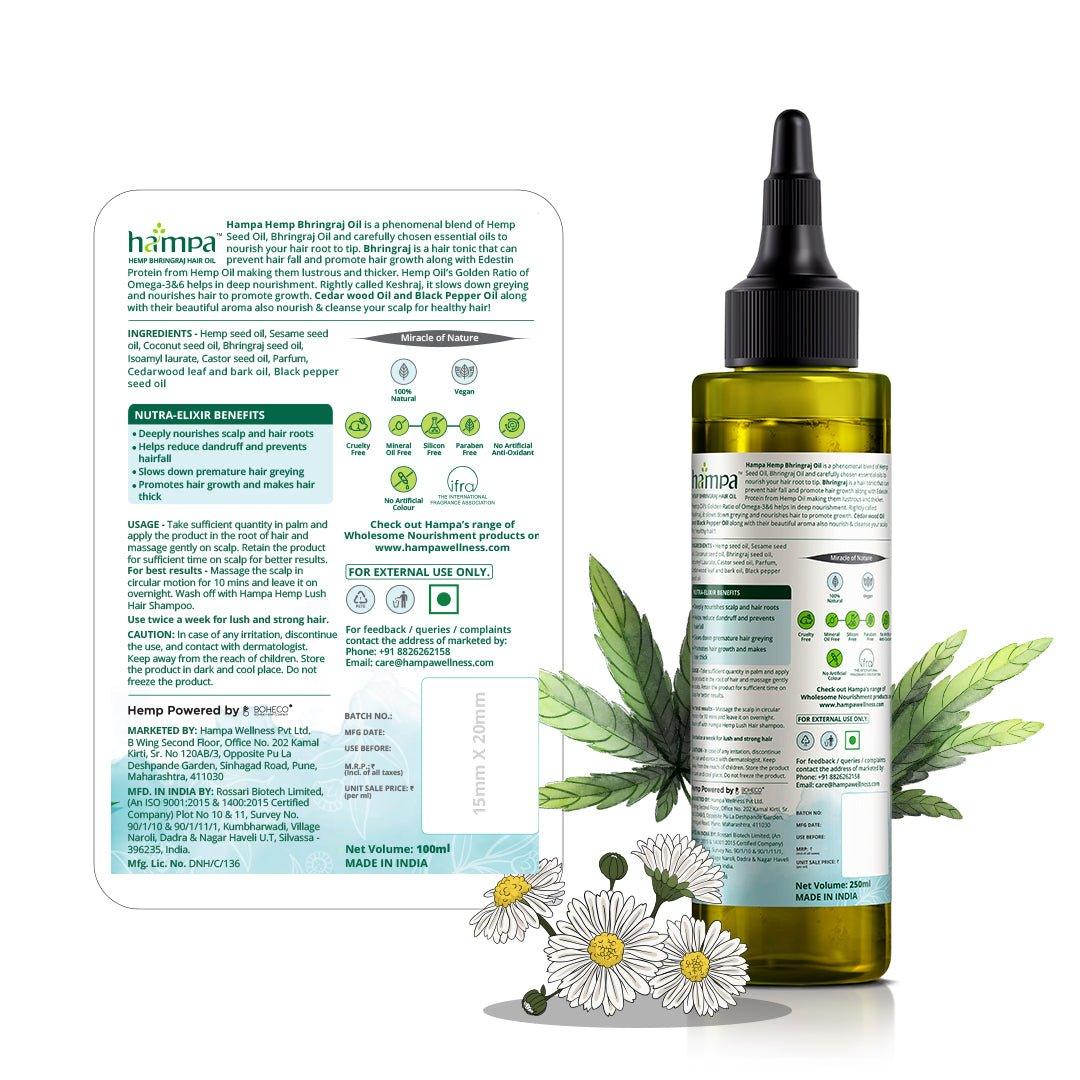 Hampa Wellness - Hemp Bhringraj Hair Oil 100ml And Hampa Hemp Lush Hair Shampoo 200mlHemp hair careHampa Hemp Bhringraj Oil & Lush Shampoo - Hemp Hair Care