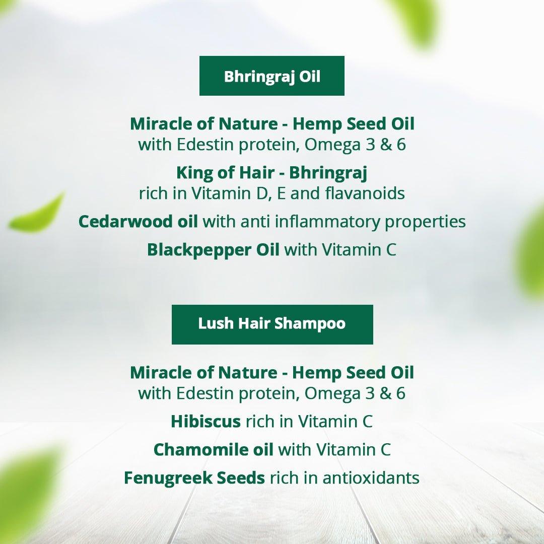 Hampa Wellness - Hemp Bhringraj Hair Oil 100ml And Hampa Hemp Lush Hair Shampoo 200mlHemp hair careHampa Hemp Bhringraj Oil & Lush Shampoo - Hemp Hair Care