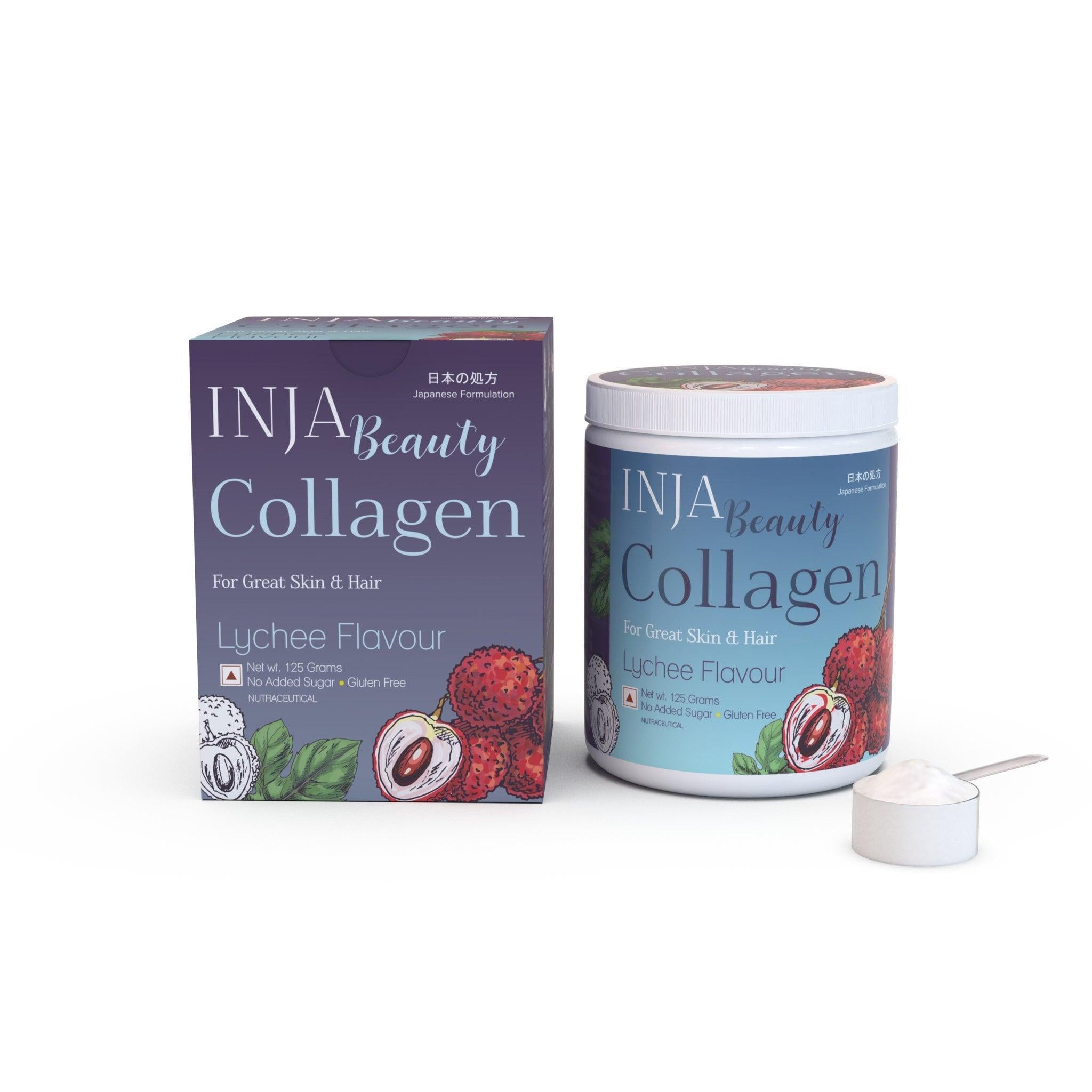 INJA Beauty Collagen for Skin, Hair & Nails, with Vit C, Glutathione,Biotin & more - Lychee Flavour.