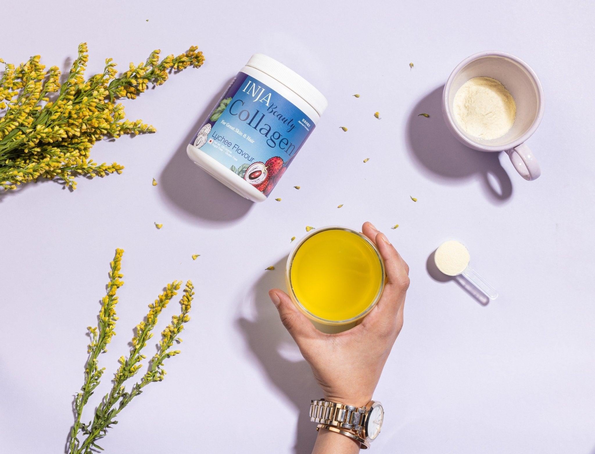 INJA Beauty Collagen for Skin, Hair & Nails, with Vit C, Glutathione,Biotin & more - Lychee Flavour.