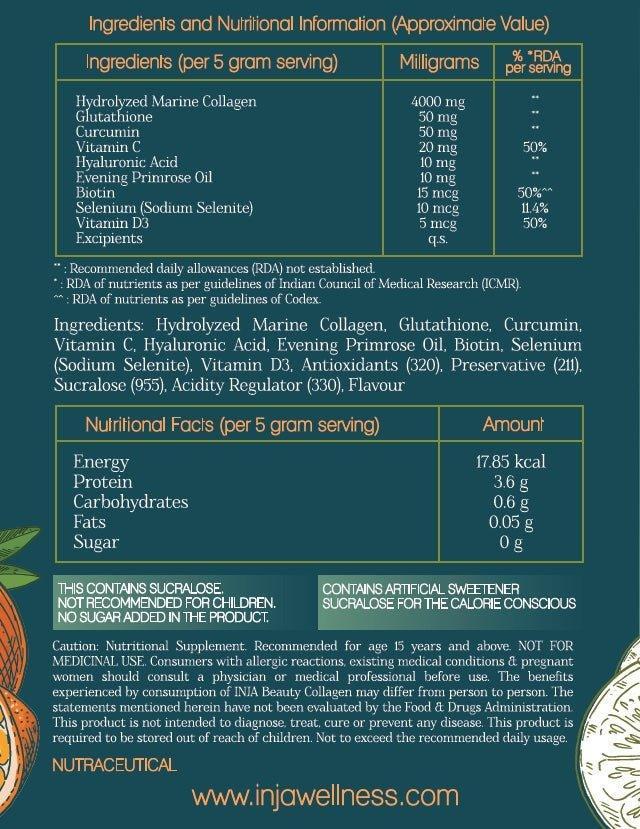 INJA Beauty Collagen for Skin, Hair & Nails, with Vit C, Glutathione,Biotin & more - Orange Flavour.