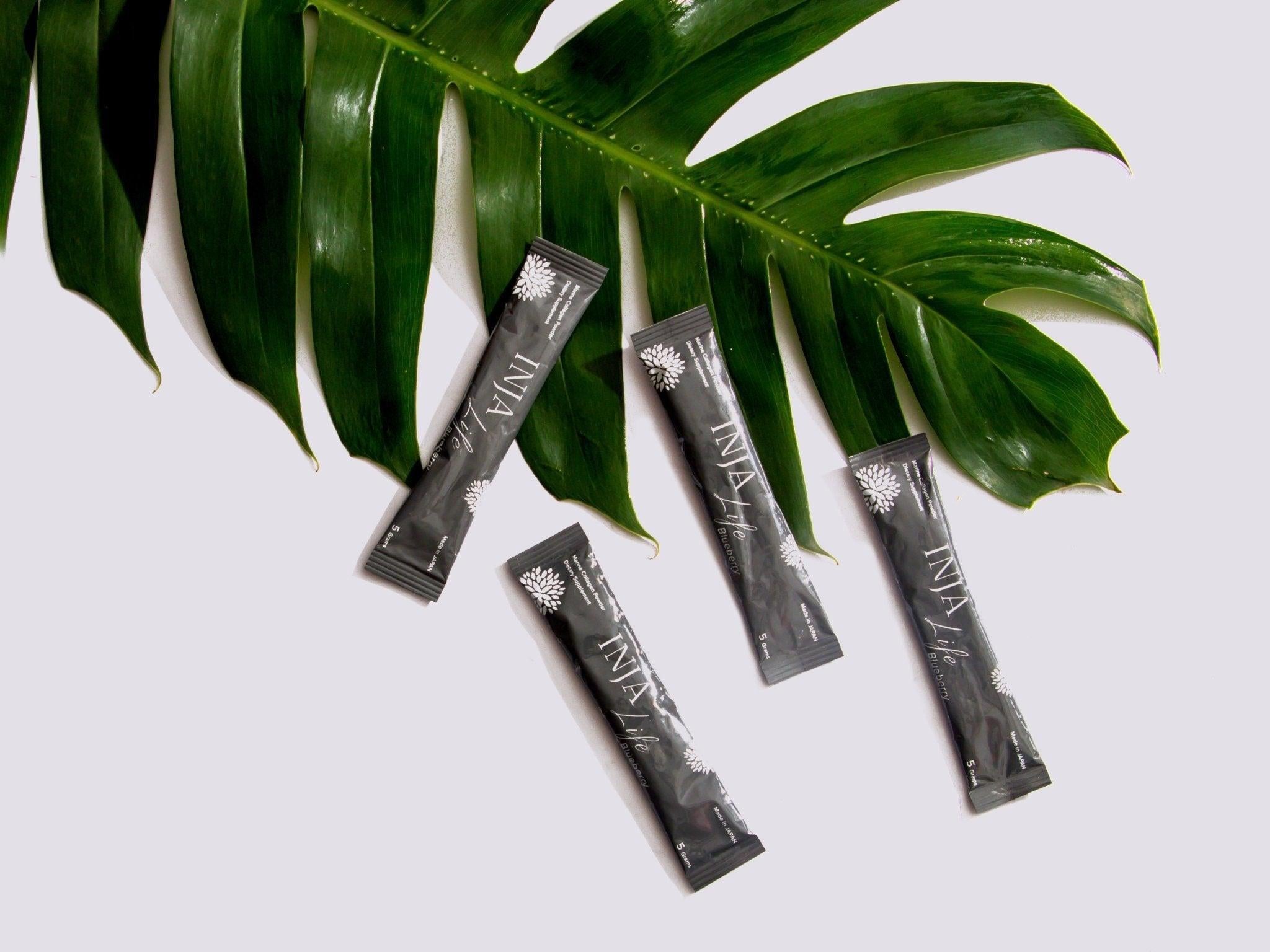 INJA Life Japanese Collagen, 30 sachets with Vit C, Glutathione, Glucosamine & more - Blueberry Flavour.