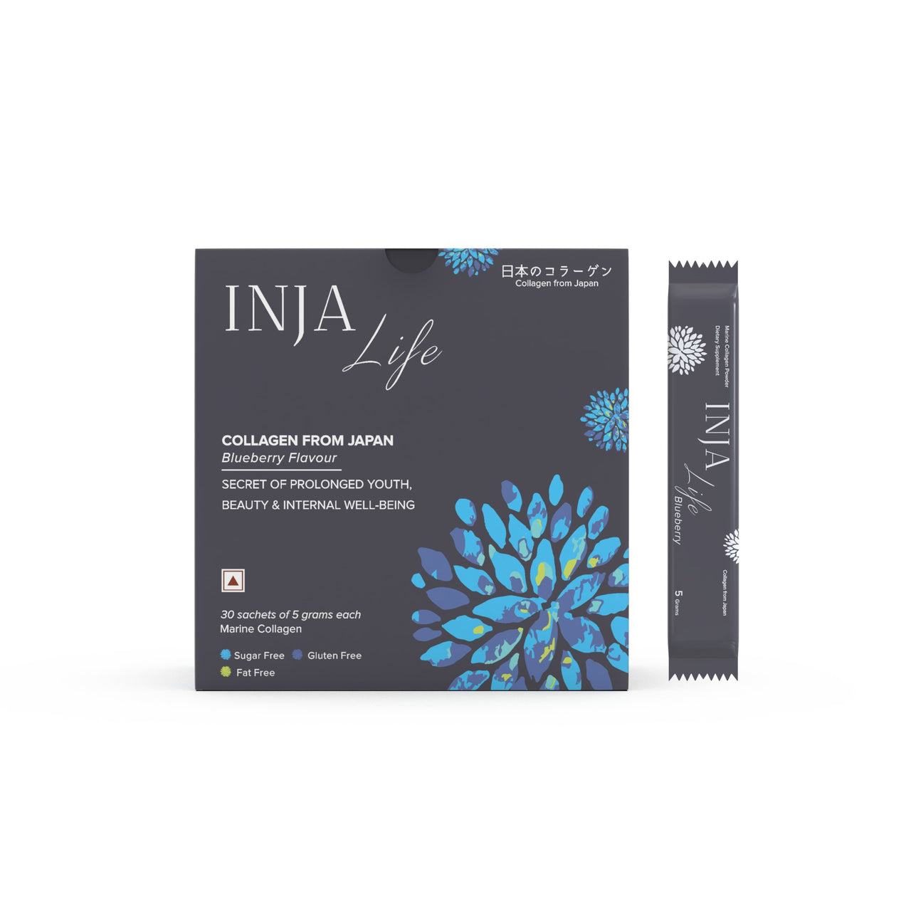 INJA Life Japanese Collagen, 30 sachets with Vit C, Glutathione, Glucosamine & more - Blueberry Flavour - CBD Store India