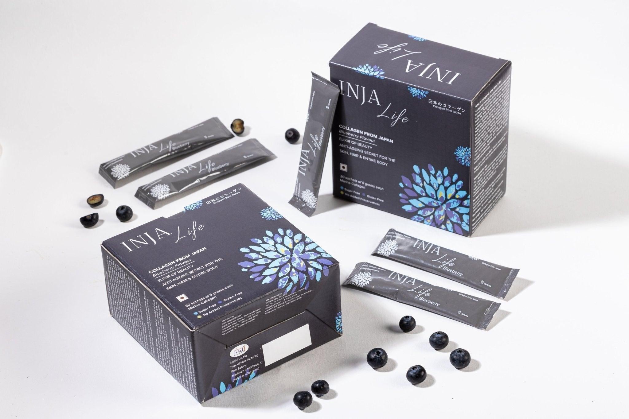 INJA Life Japanese Collagen, 30 sachets with Vit C, Glutathione, Glucosamine & more - Blueberry Flavour.