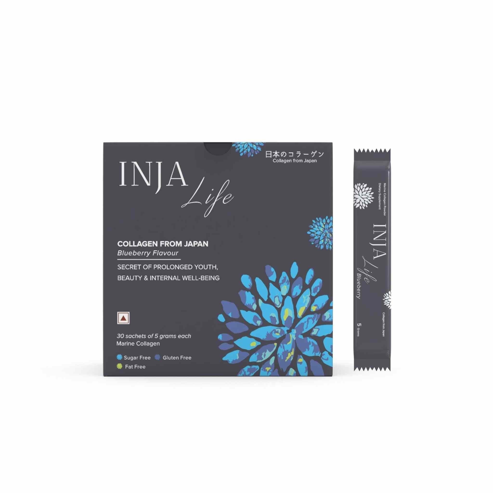 INJA Life Japanese Collagen, 30 sachets with Vit C, Glutathione, Glucosamine & more - Blueberry Flavour.