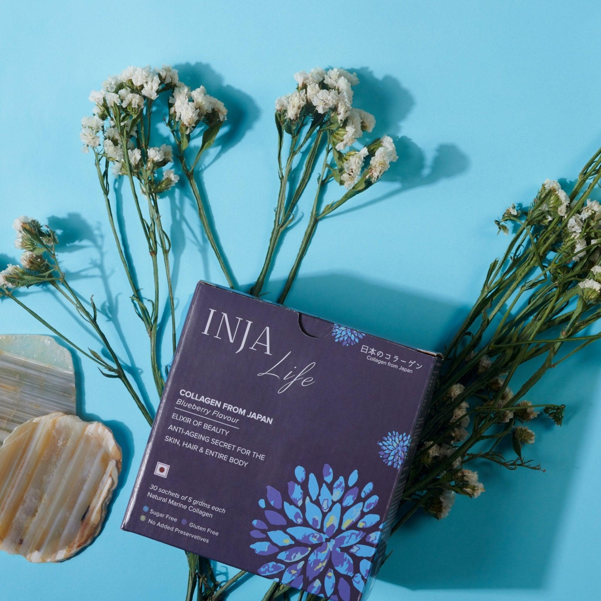 INJA Life Japanese Collagen, 30 sachets with Vit C, Glutathione, Glucosamine & more - Blueberry Flavour.