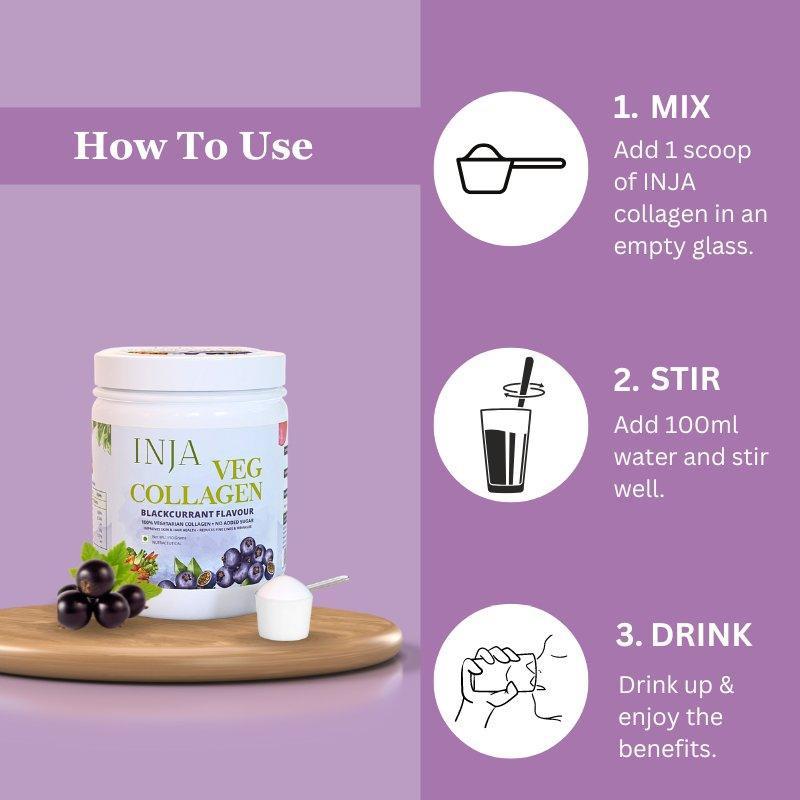INJA Veg Collagen for Skin, Hair, Muscles & more - Blackcurrant Flavour.