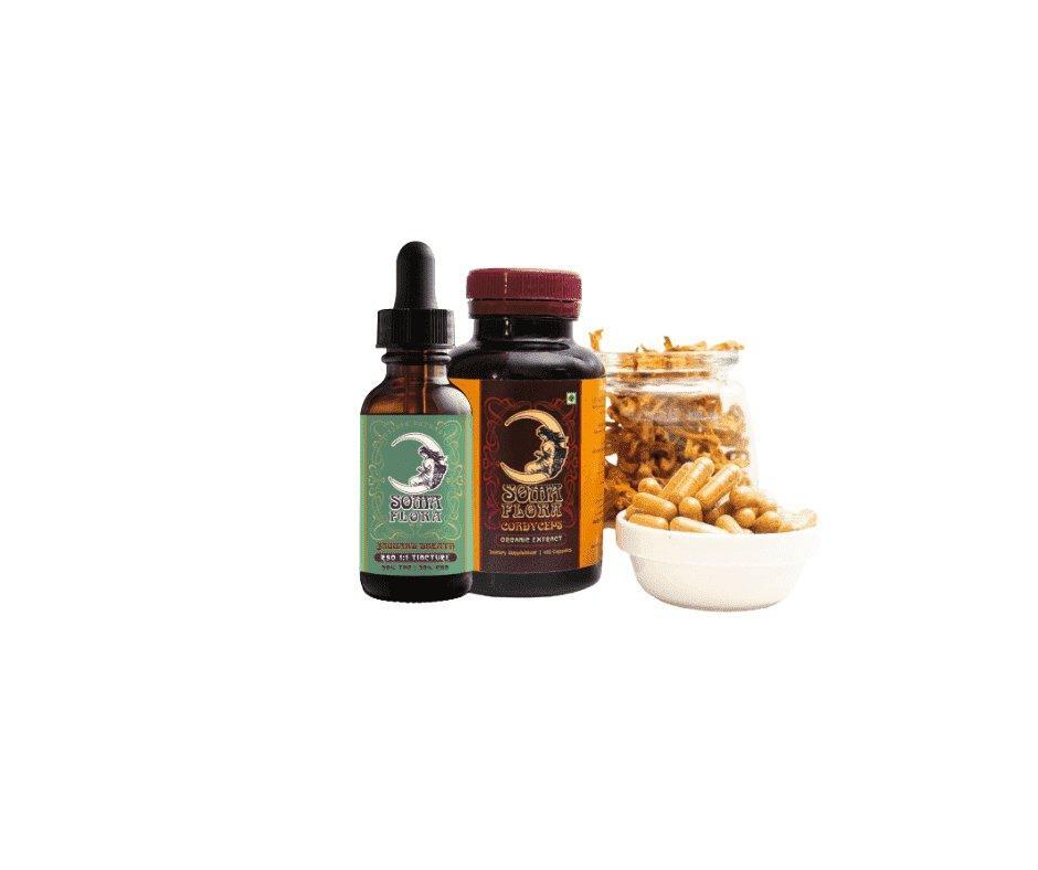 Soma Flora Jaguars Breath dropper bottle and Cordyceps capsules in a white bowl
