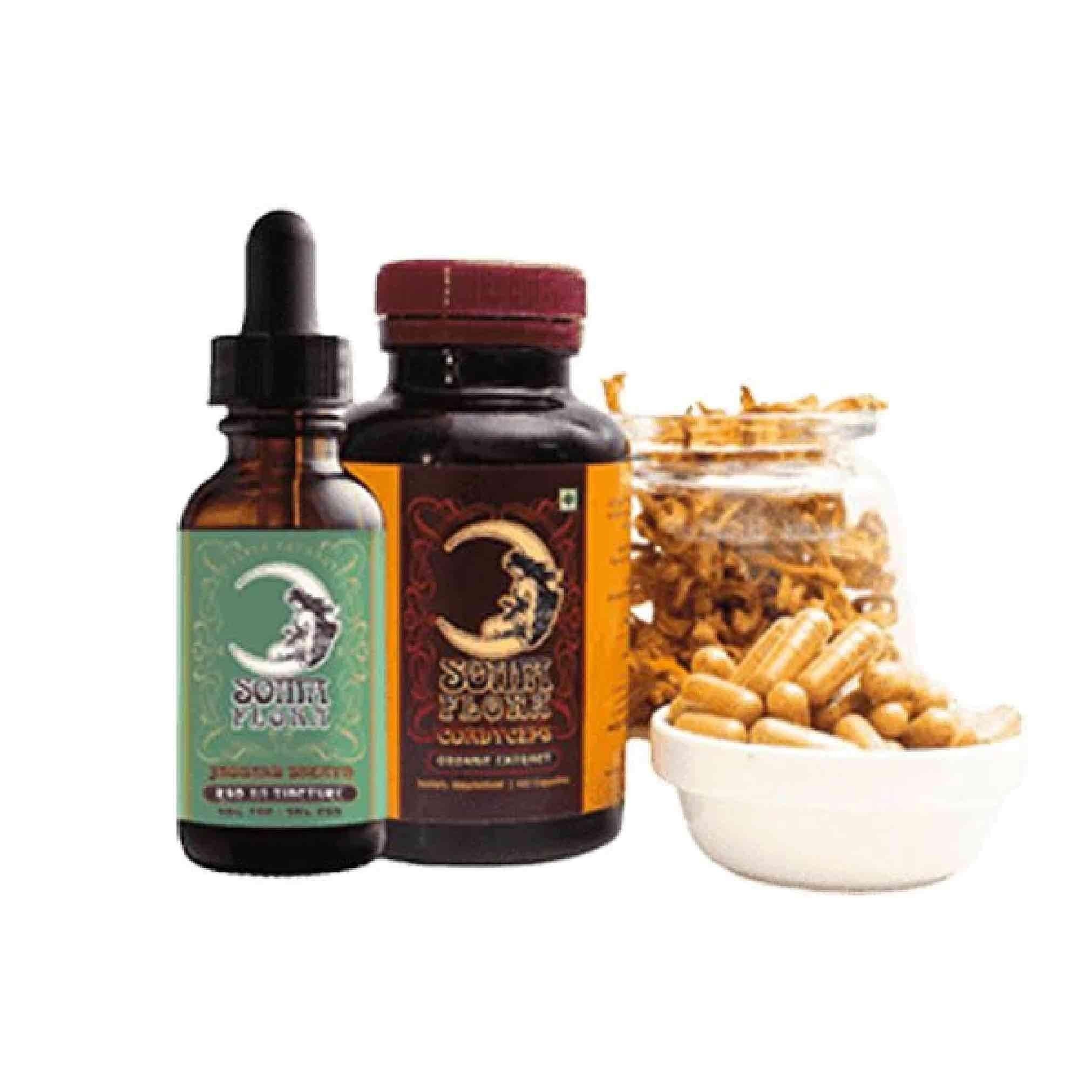 Soma Flora dropper bottle, supplement jar, and bowl of capsules grouped as a bundle