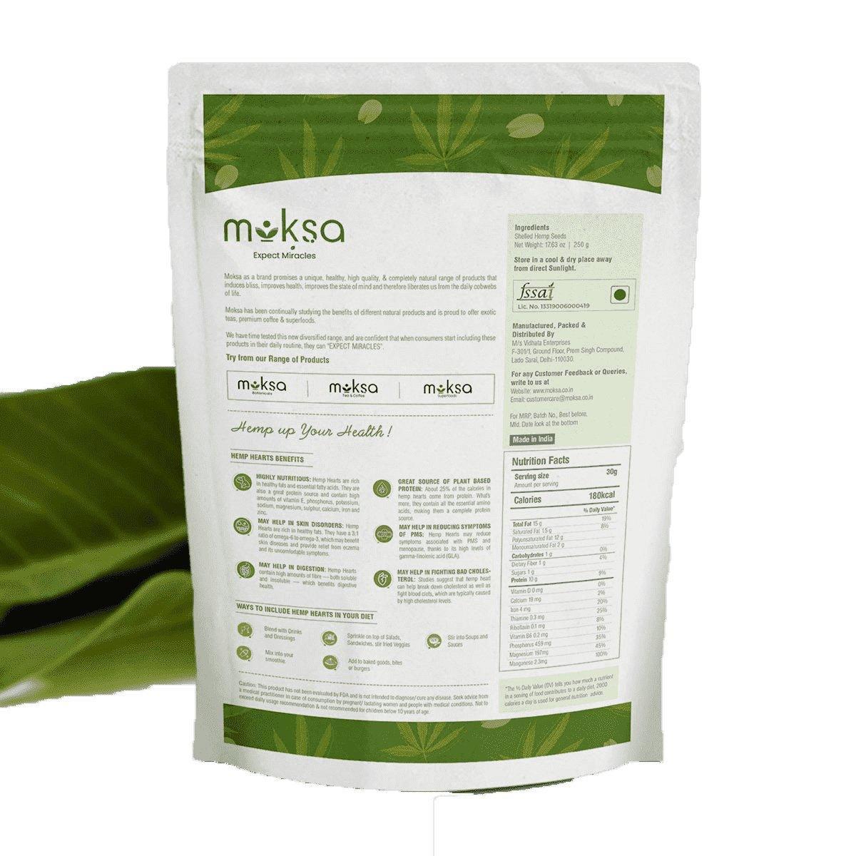 Moksa Botanicals HEMP HEARTS Shelled Hemp Seeds.