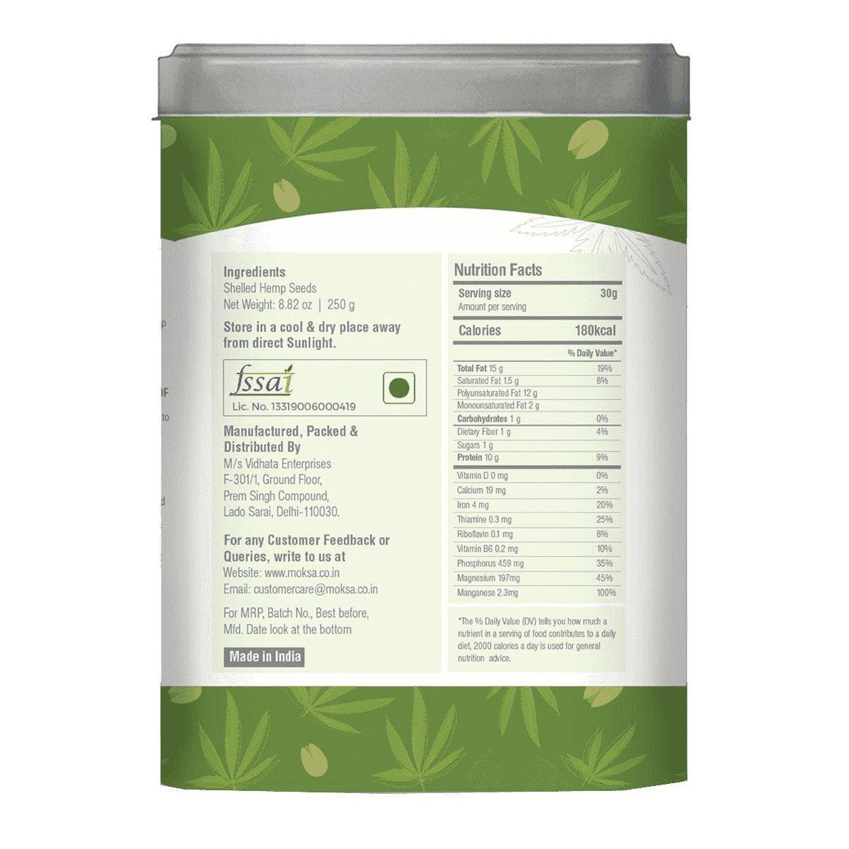 Moksa Botanicals HEMP HEARTS Shelled Hemp Seeds.