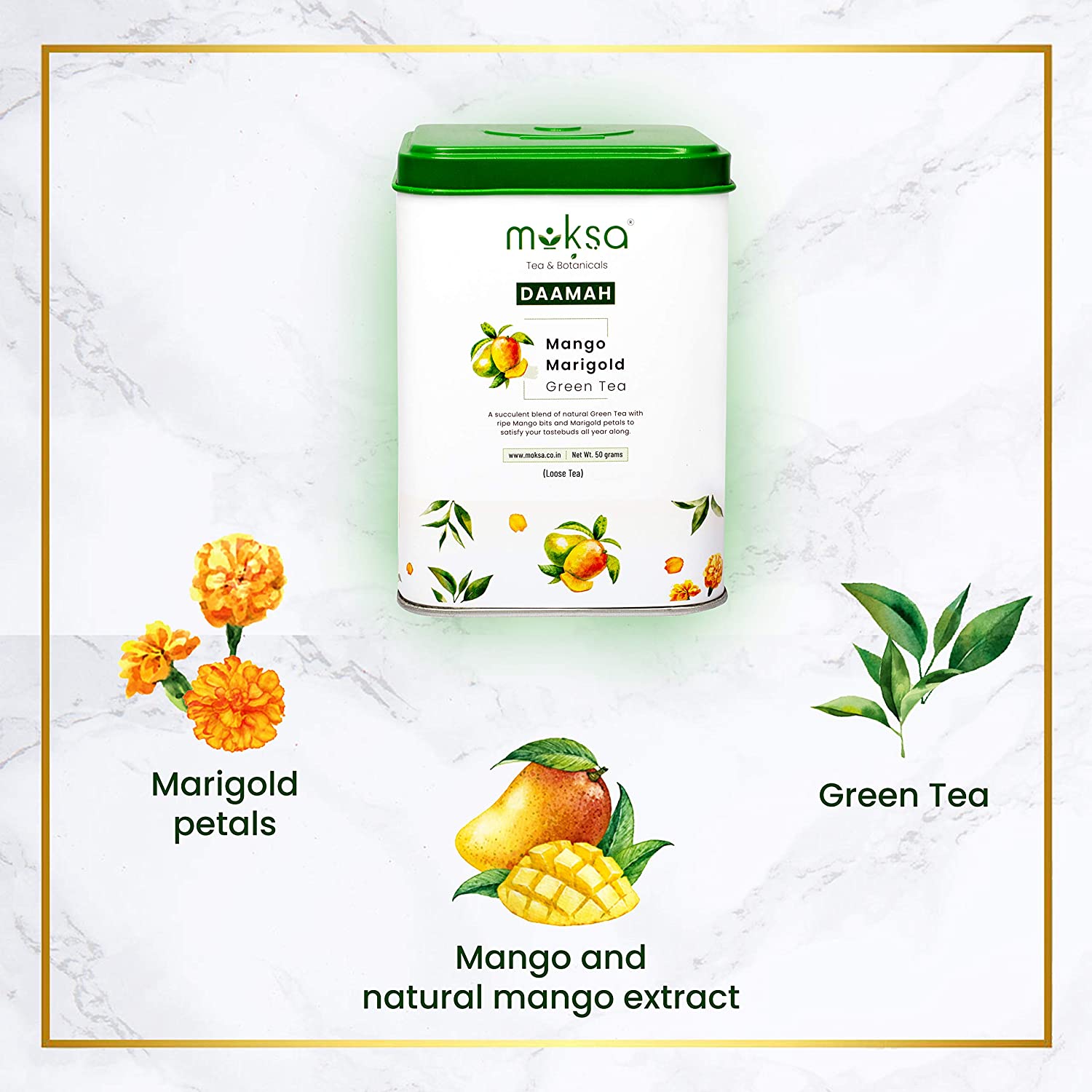 Moksa Mango Marigold Green Tea- 50gm - CBD Store India