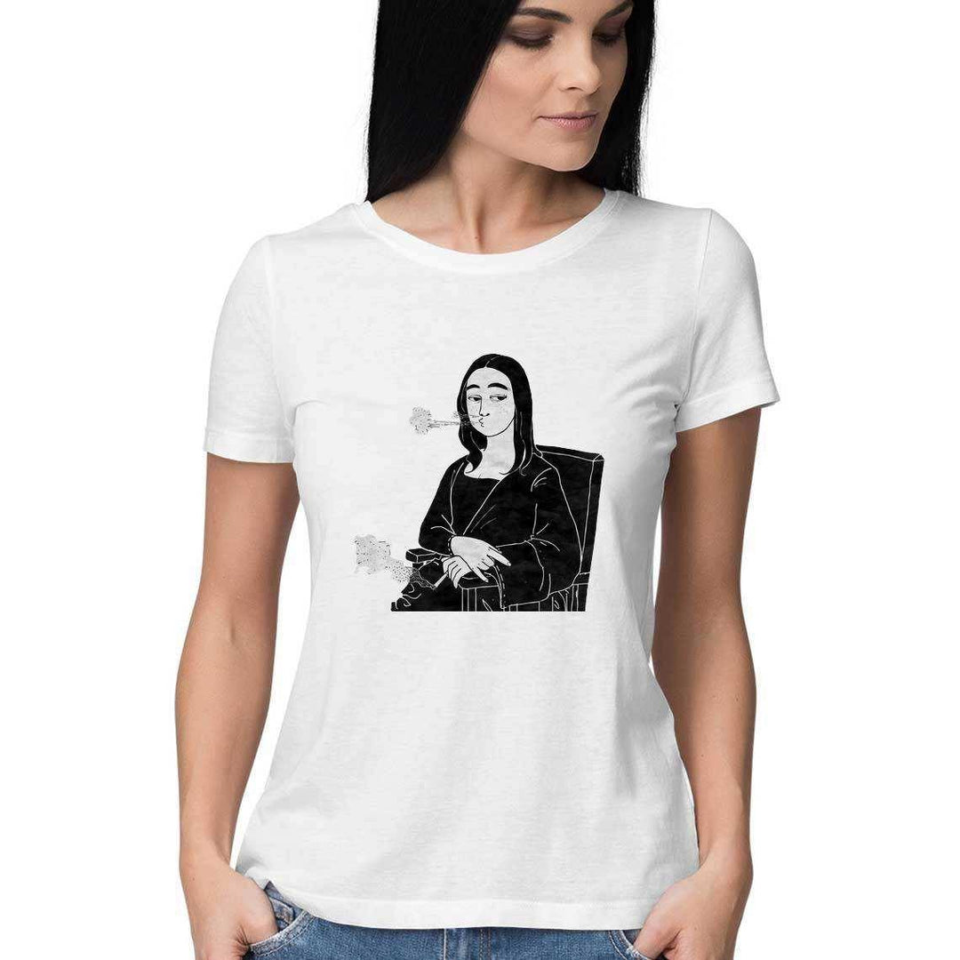 Mona Lisa Blazing a Doobie Women's Graphic T-ShirtClothingMona Lisa Graphic T-Shirt - Women's Casual Wear