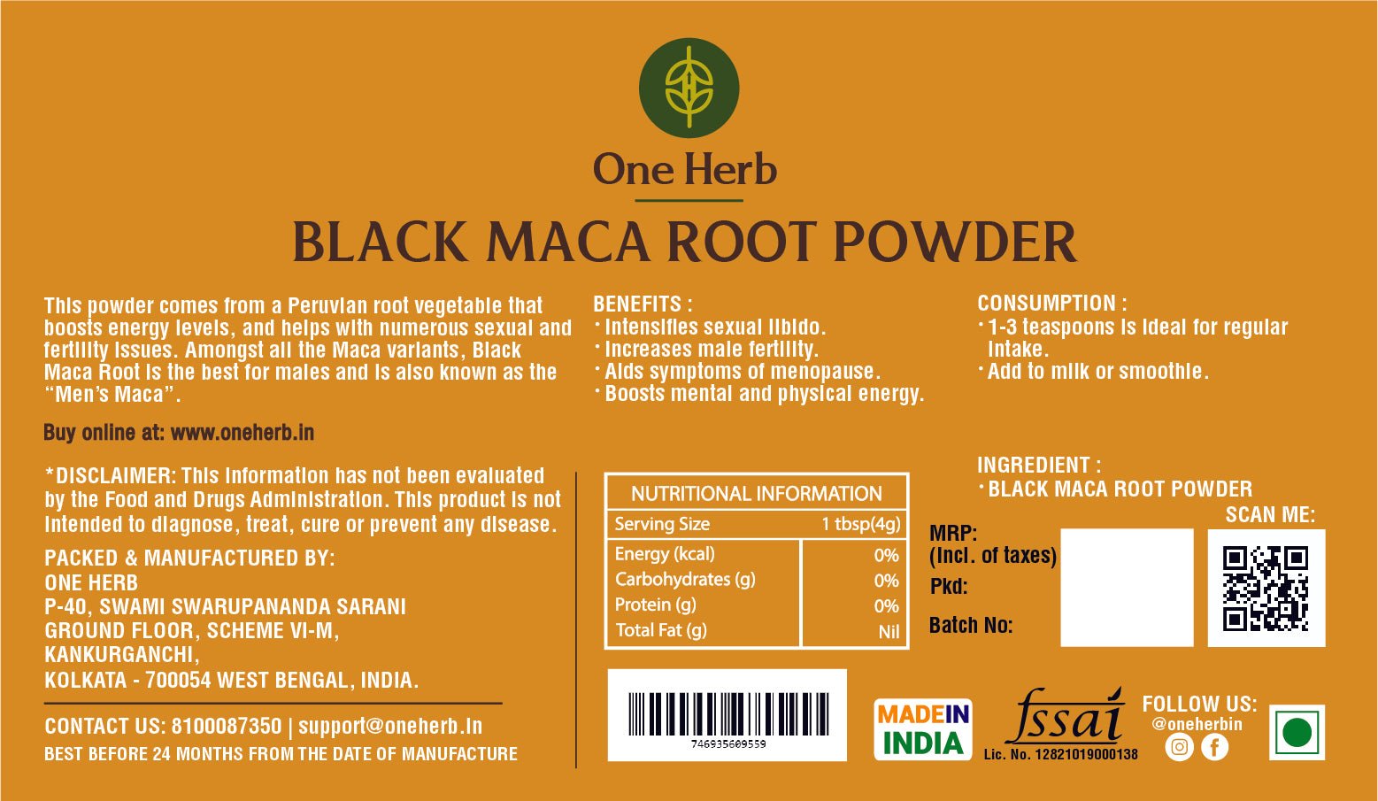 One Herb - Black Maca Root Powder 50 gm - CBD Store India