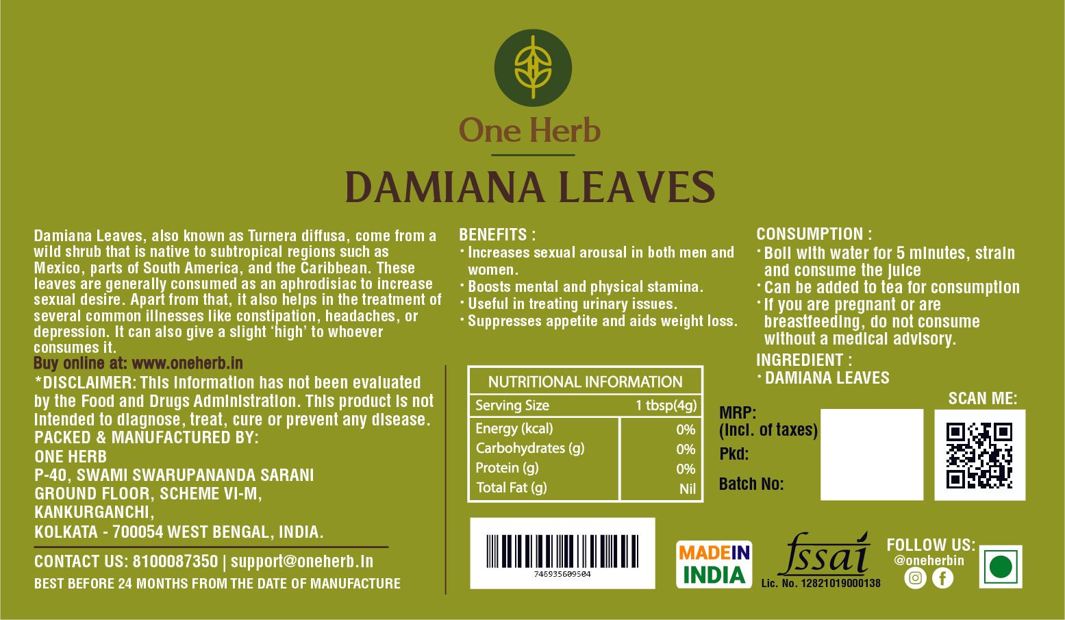 One Herb - Damiana Leaves 50 gm - CBD Store India