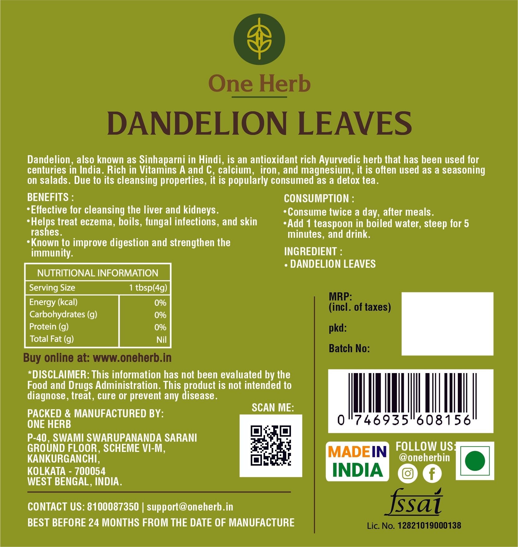 One Herb - Dandelion Leaves - CBD Store India