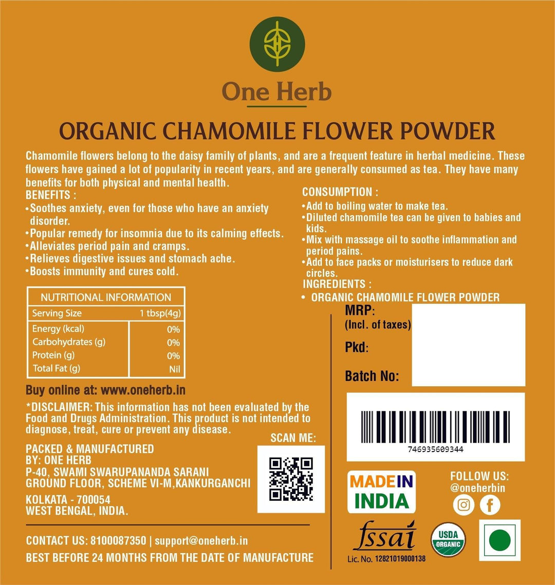 One Herb - Organic Chamomile Flower Powder 100 gmHerbal TeaChamomile Flower Powder - Organic 100 gm | Anxiety Relief, Insomnia Aid