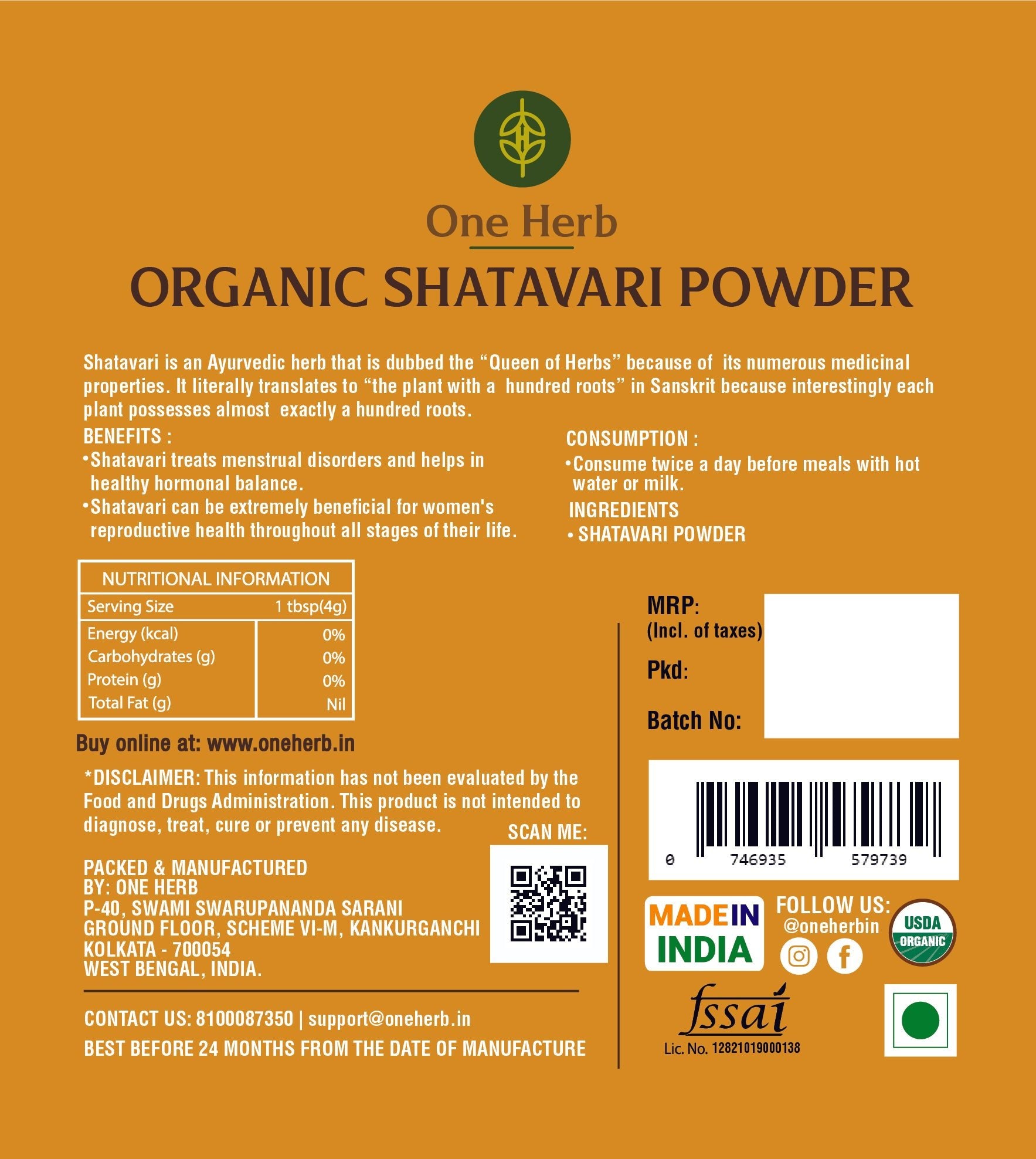 One Herb - Organic Shatavari Powder - CBD Store India