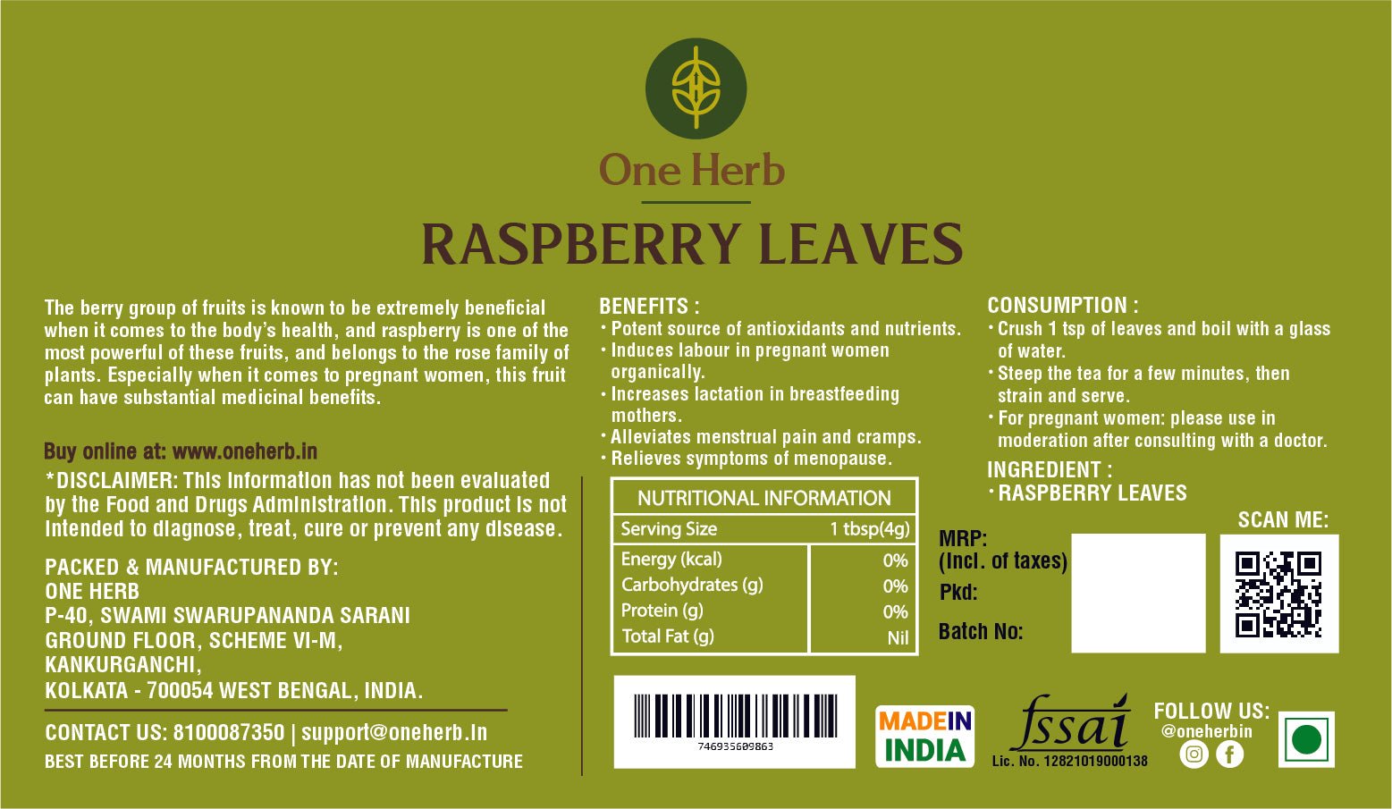 One Herb - Raspberry Leaves - CBD Store India