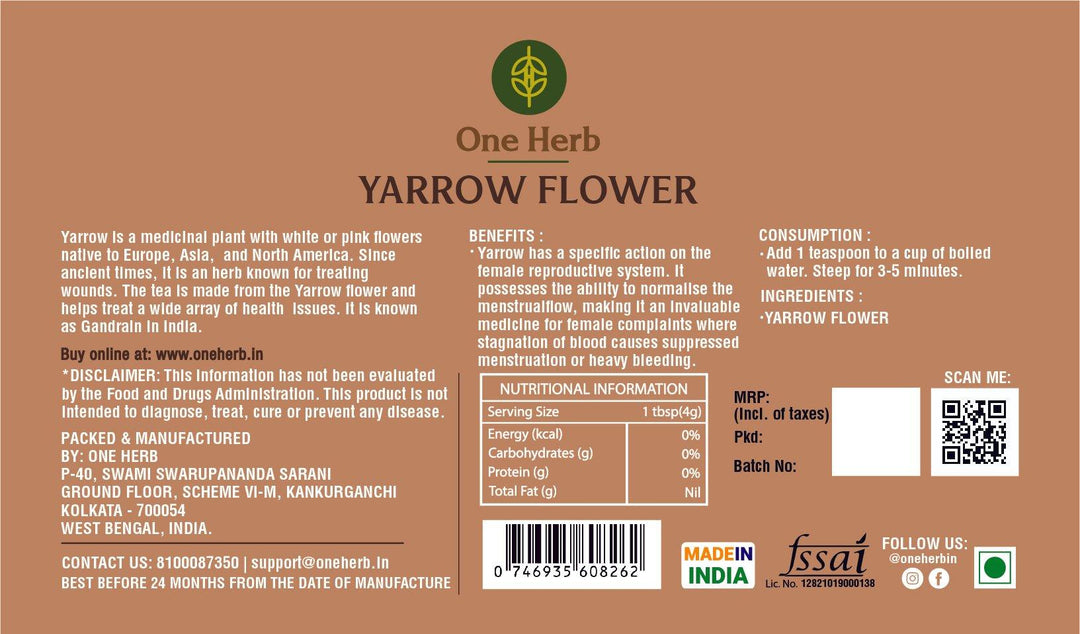 One Herb - Yarrow FlowerHerbal TeaYarrow Flower - Health Benefits | Digestive, Anxiety Relief