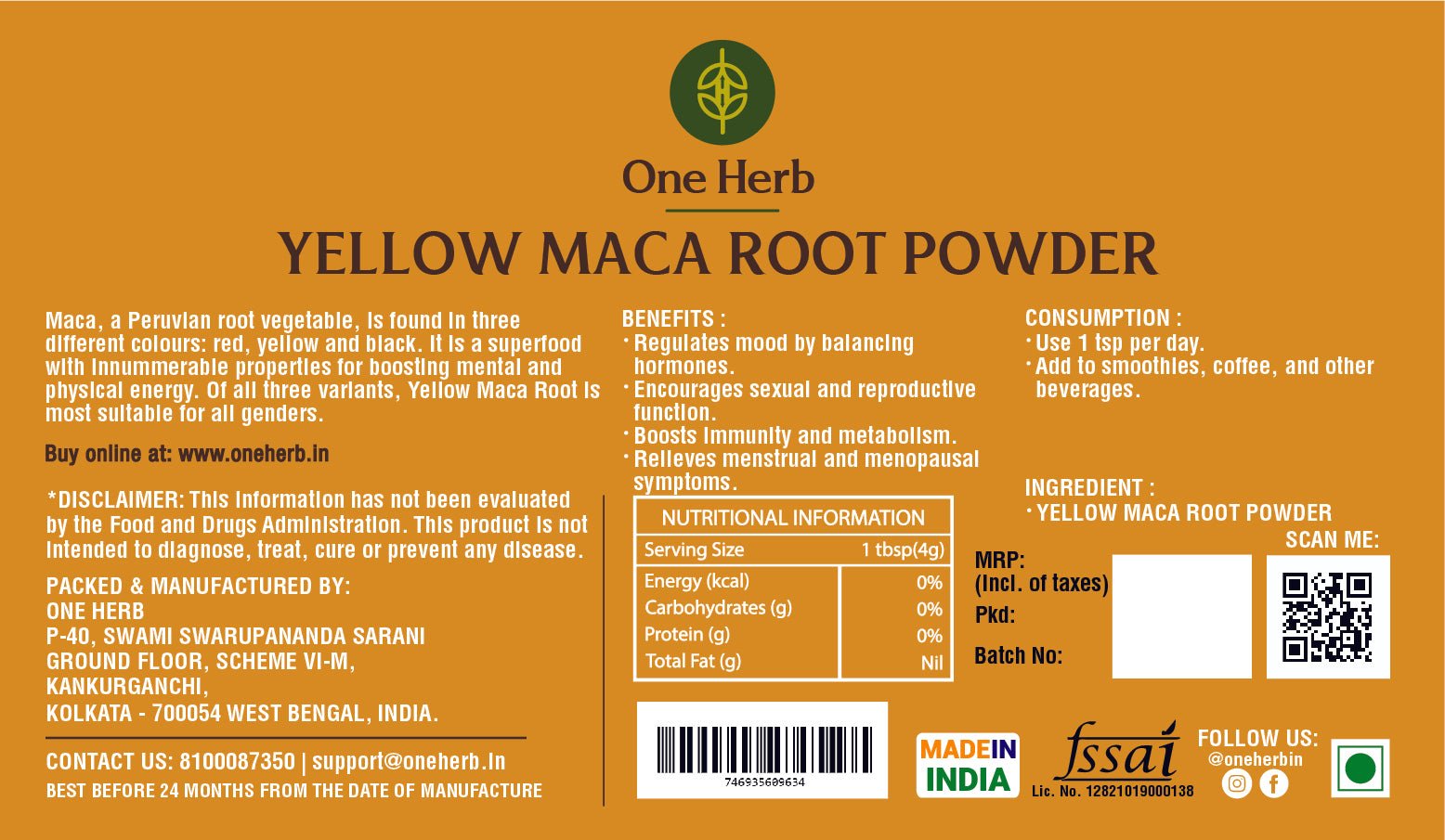 One Herb - Yellow Maca Root Powder 50 gm - CBD Store India