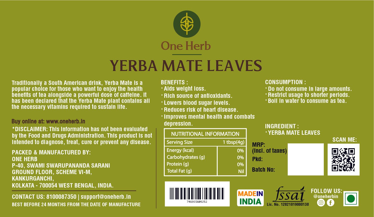 One Herb - Yerba Mate Leaves 40 gm - CBD Store India