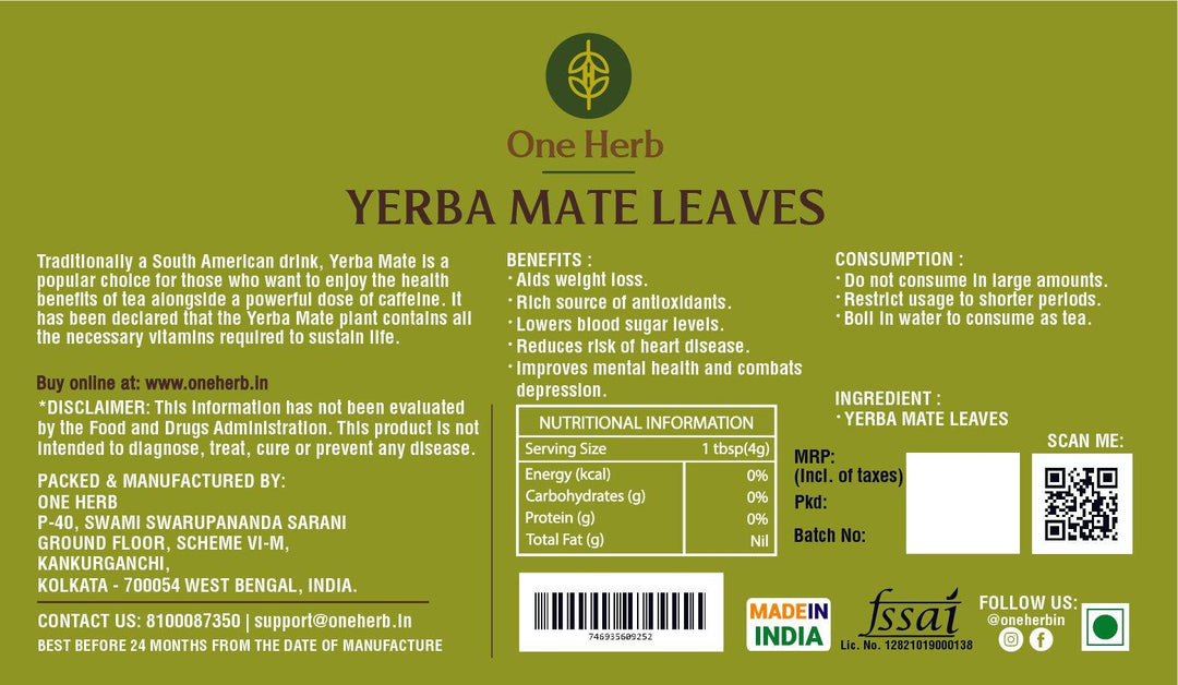 One Herb - Yerba Mate Leaves 40 gmHerbal TeaOne Herb - Yerba Mate Leaves Benefits | Antioxidants, Energy