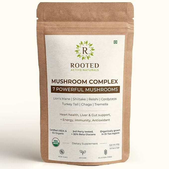 Rooted Actives 7 Mushrooms Complex (60 g) extract powder | for Heart, Liver, Gut, Energy & Immunity (USDA organic, 30% Beta Glucans - CBD Store India