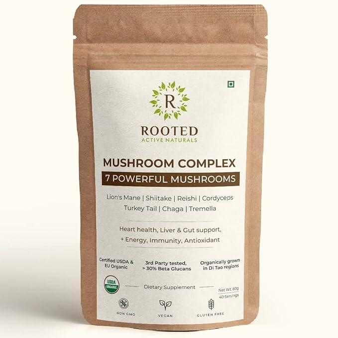 Rooted Actives 7 Mushrooms Complex (60 g) extract powder | Heart, Liver, Gut, Energy & ImmunityMushroom Extract PowderRooted Actives 7 Mushrooms Complex Powder | Energy & Immunity
