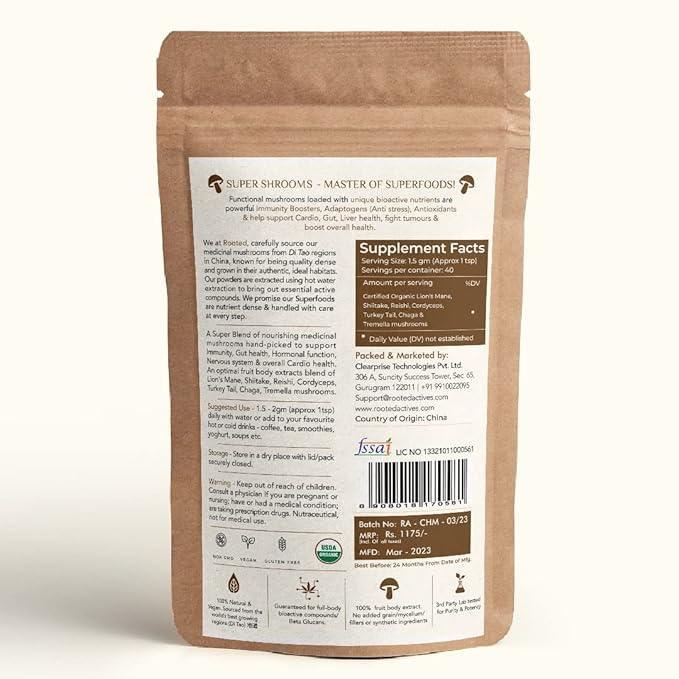 Rooted Actives 7 Mushrooms Complex (60 g) extract powder | Heart, Liver, Gut, Energy & Immunity.