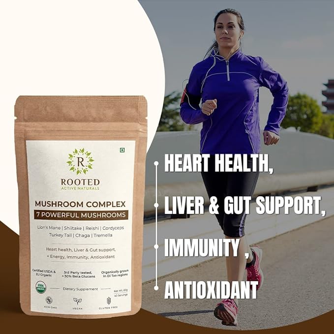 Rooted Actives 7 Mushrooms Complex (60 g) extract powder | for Heart, Liver, Gut, Energy & Immunity (USDA organic, 30% Beta Glucans - CBD Store India