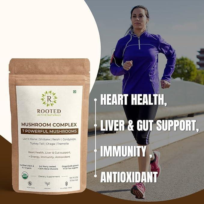 Rooted Actives 7 Mushrooms Complex (60 g) extract powder | Heart, Liver, Gut, Energy & Immunity.